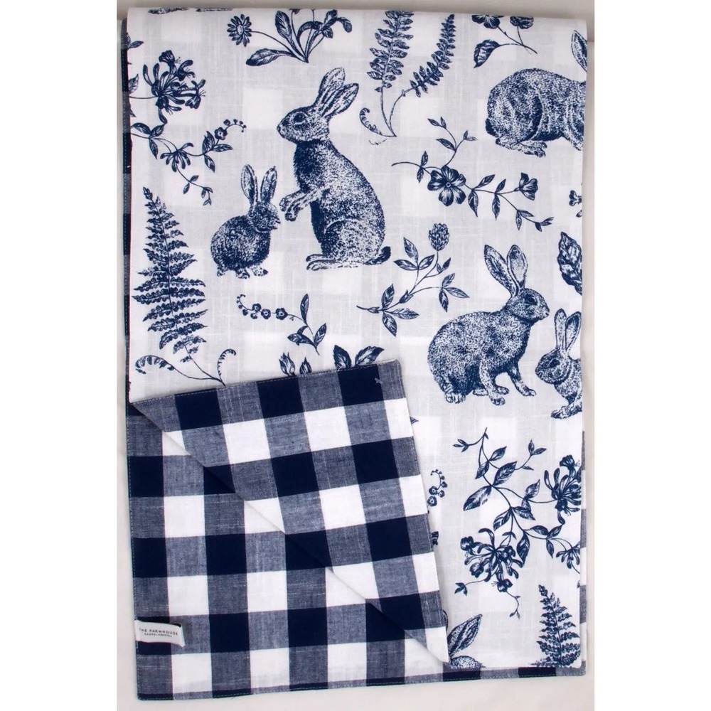 THE FARMHOUSE BY RACHEL ASHWELL Blair Bunnies Blue 16X90 Reversible Table Runner